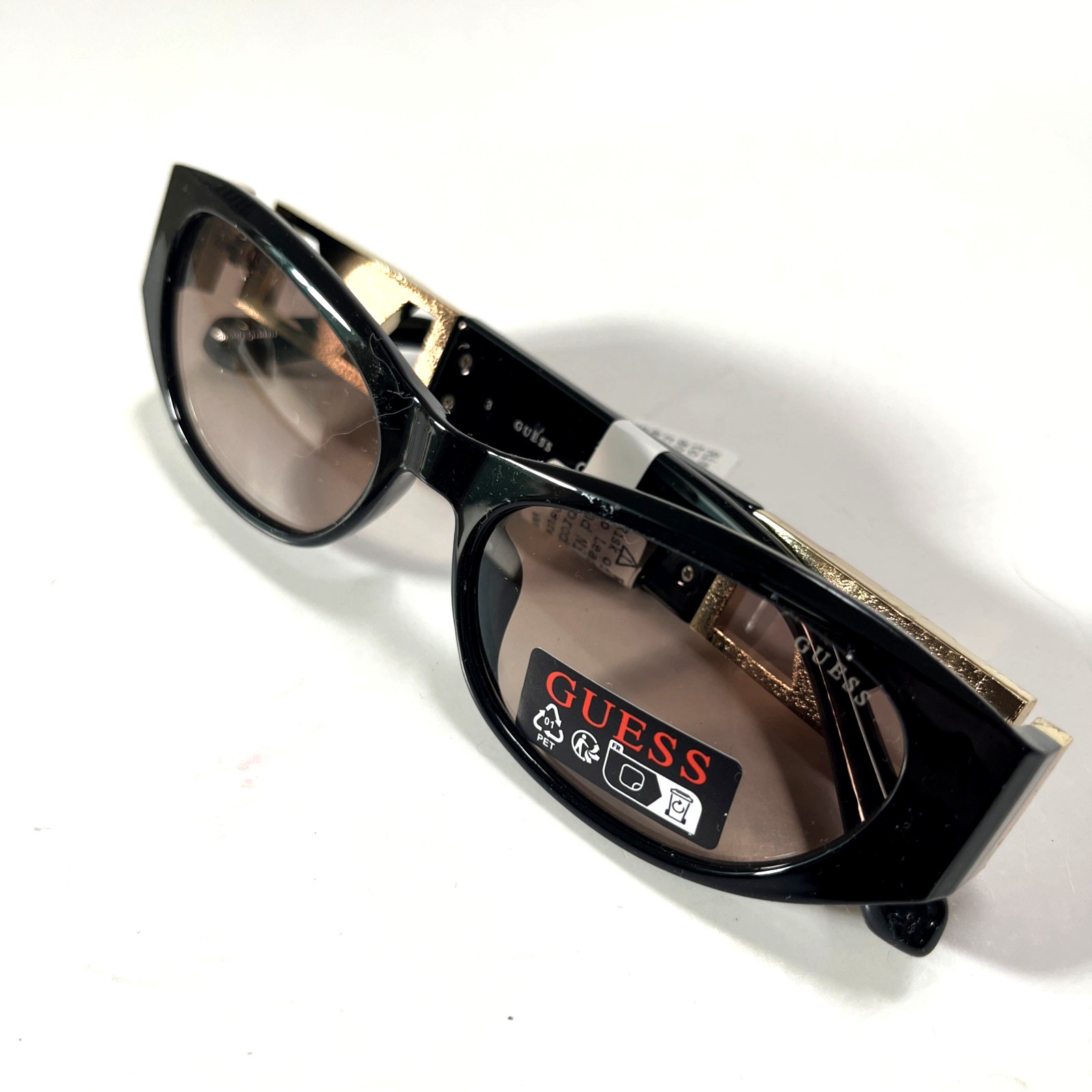 New GUESS Slim Sunglasses GO00087 Acetate Black Gold Logo Brown Lens