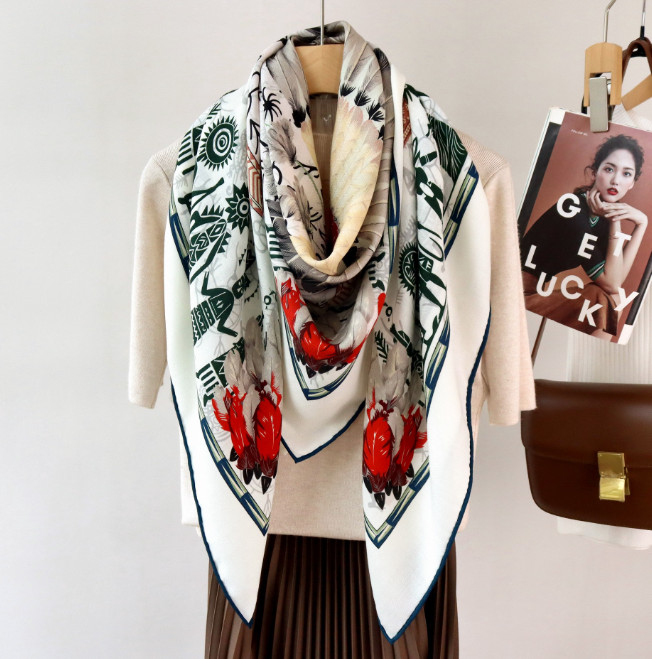 70% Cashmere 30% Silk Bandana 53” Red circle Print Scarf Neckerchief Shawl Wrap