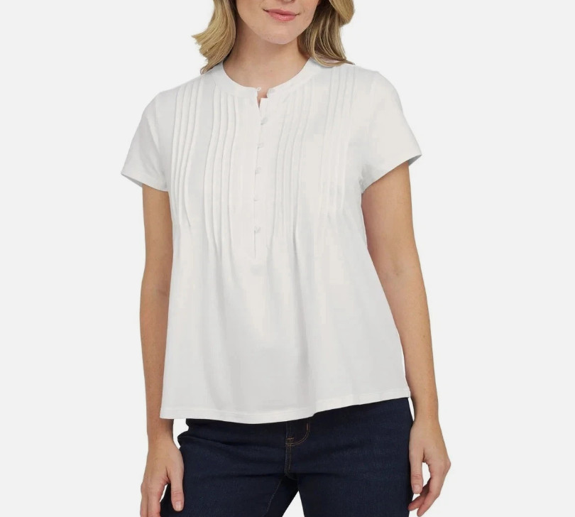 Lands End Women’s Short Sleeve Pintuck Blouse, White Medium