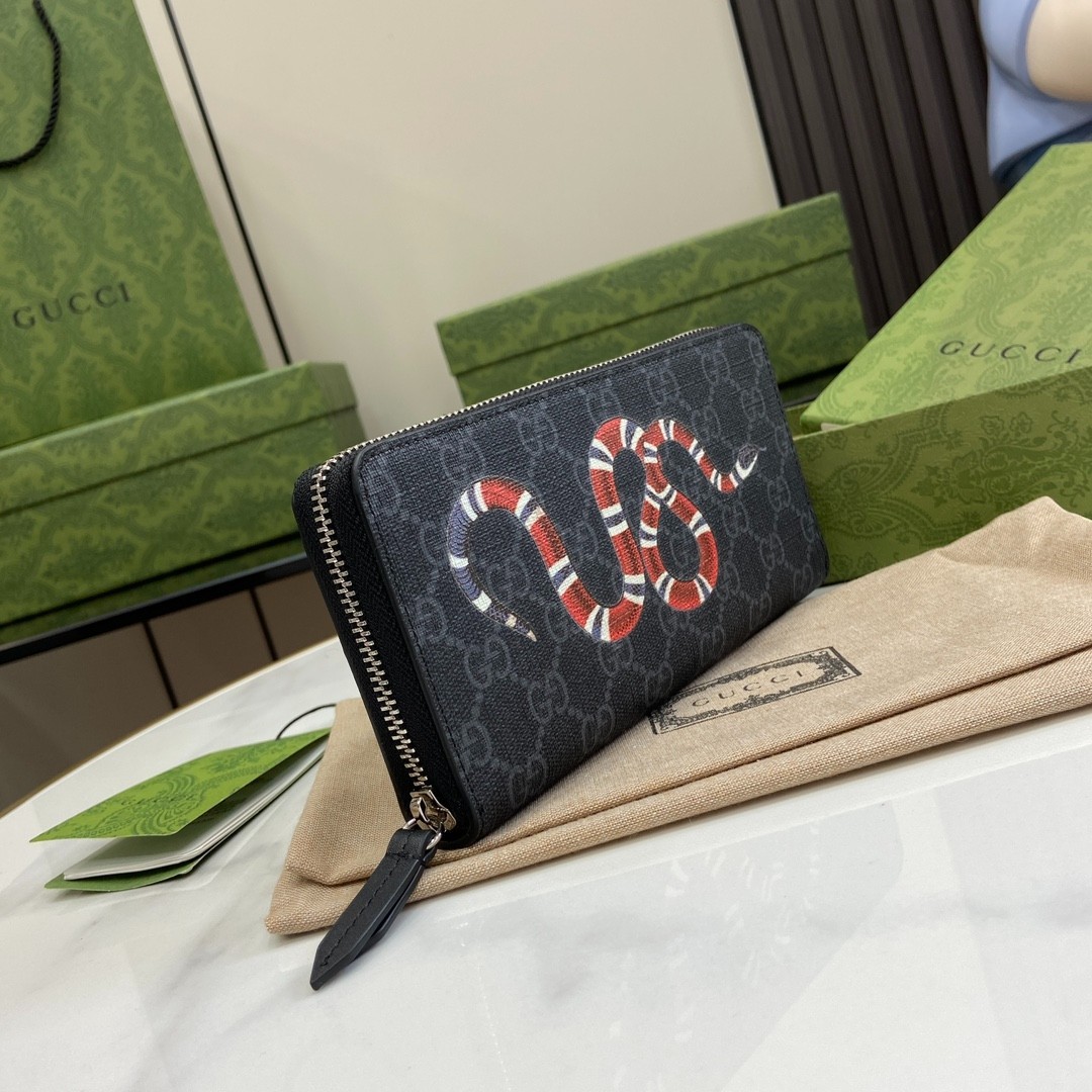 GG Black Supreme Canvas Kingsnake Zip Around Long Wallet 19*10*2.5