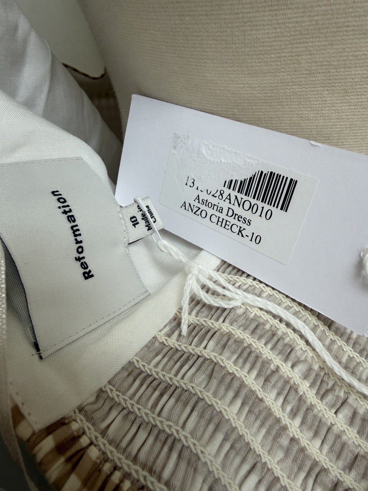 $278 NWT Reformation SZ 10 Strapless Astoria Dress Camel Ivory Anzo Check Tulle