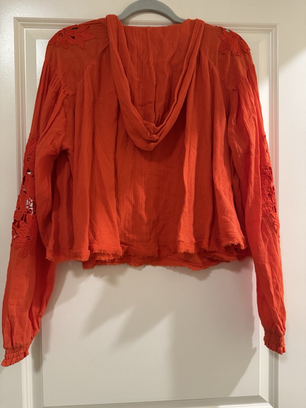 Free People Orange Knit Hoodie XS 100% Cotton V-Neck Hooded Cropped Tassel