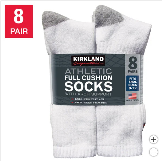 Kirkland Signature Men’s Athletic Sock 8 Pair White Color – Made in USA – NEW!!