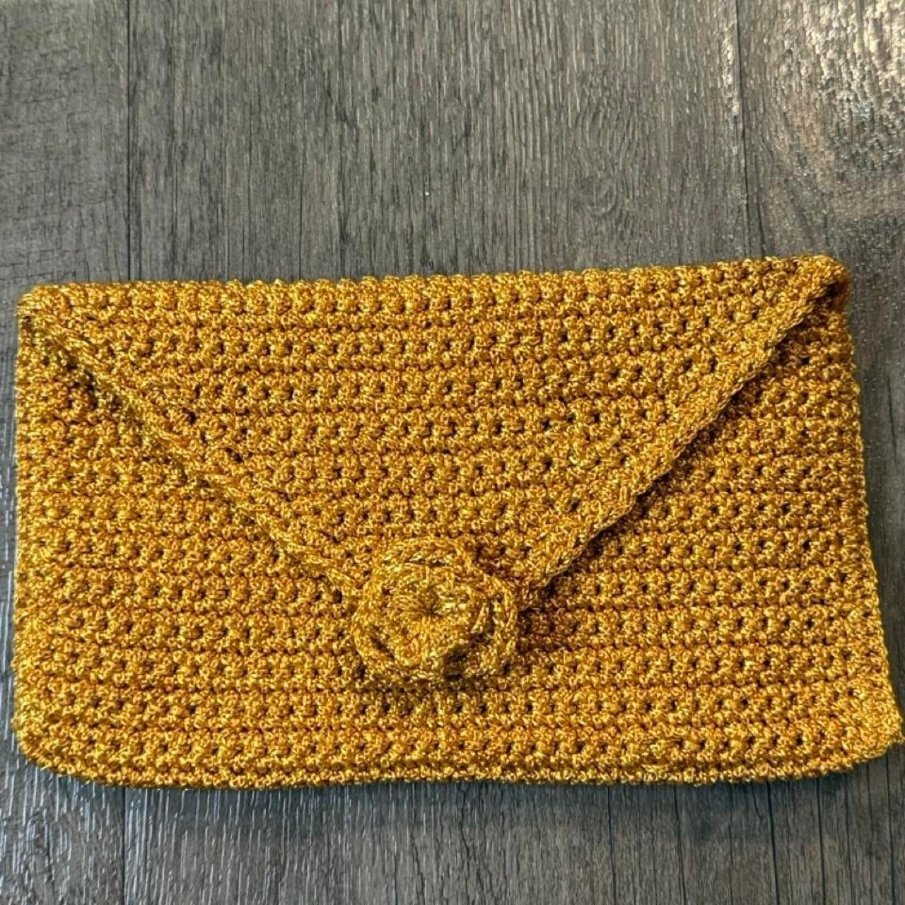 Vintage boho handmade mustard yellow crochet clutch purse with floral detail