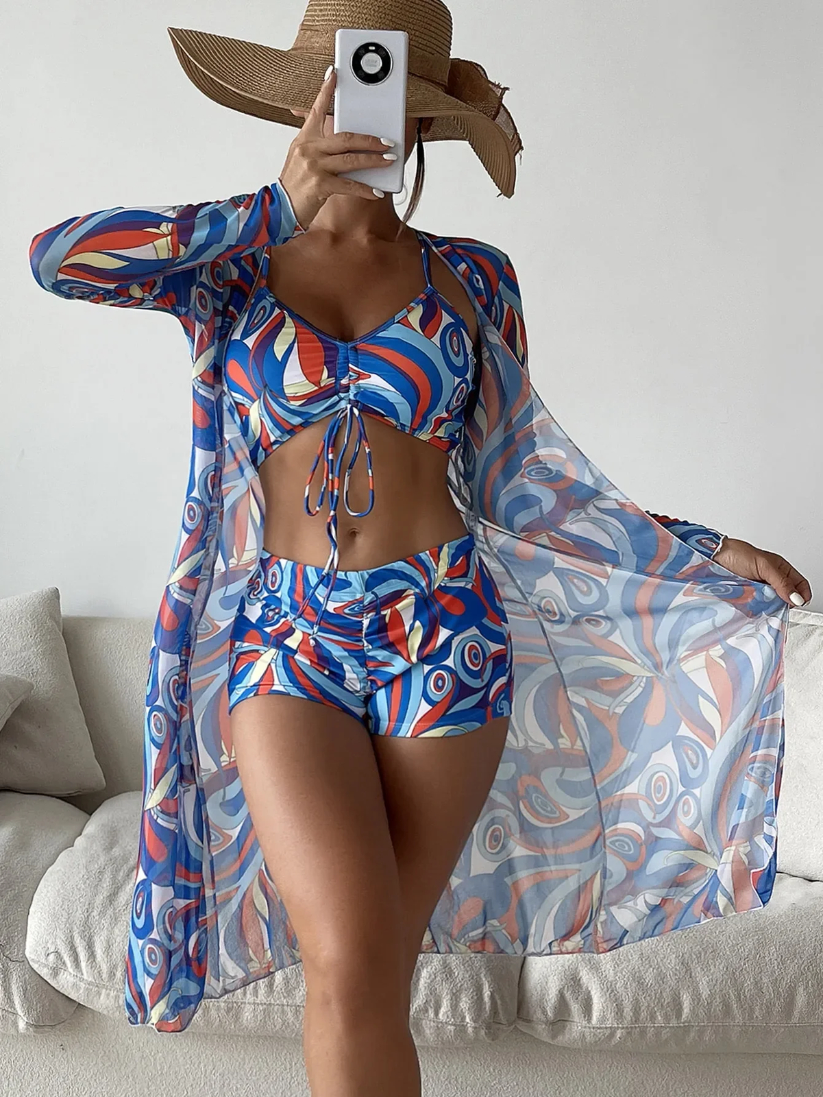 Womens 3 Piece Swimsuit with Mesh Long Sleeve Cover Up Drawstring Bathing Suits