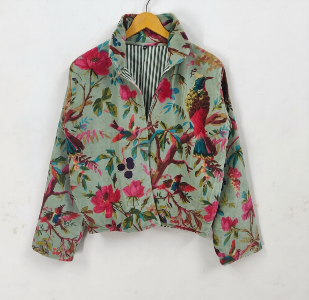 Vtg Velvet Floral Bird Print Jacket Sage Green Pink Peony Botanical Boho Coat