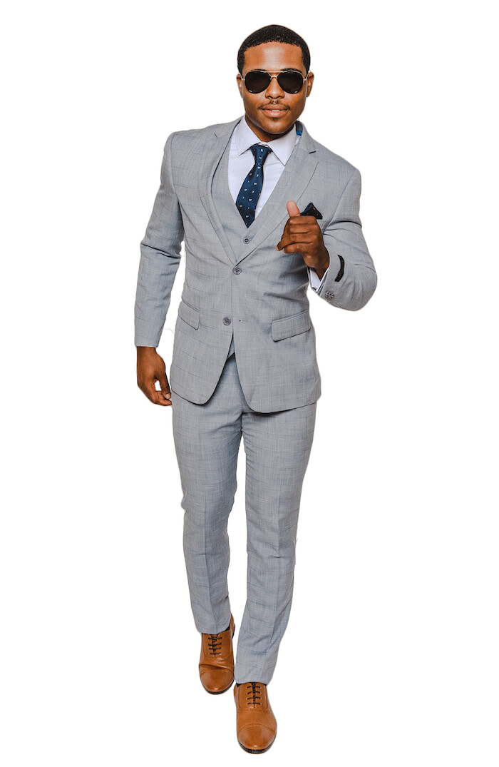 Slim Fit SILVER 3 Piece Vested 2 Button Windowpane Notch Lapel By AZARMAN 16308