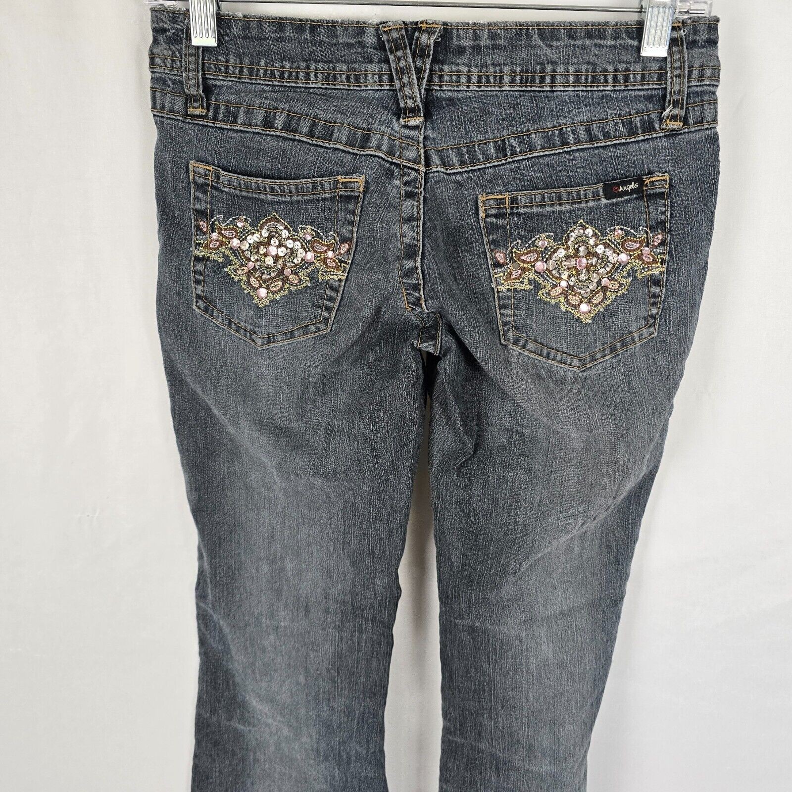 Angels Jeans Juniors 3 / 28 Blue Flare Raw Hem Ankle Embordered Sequin Bejeweled