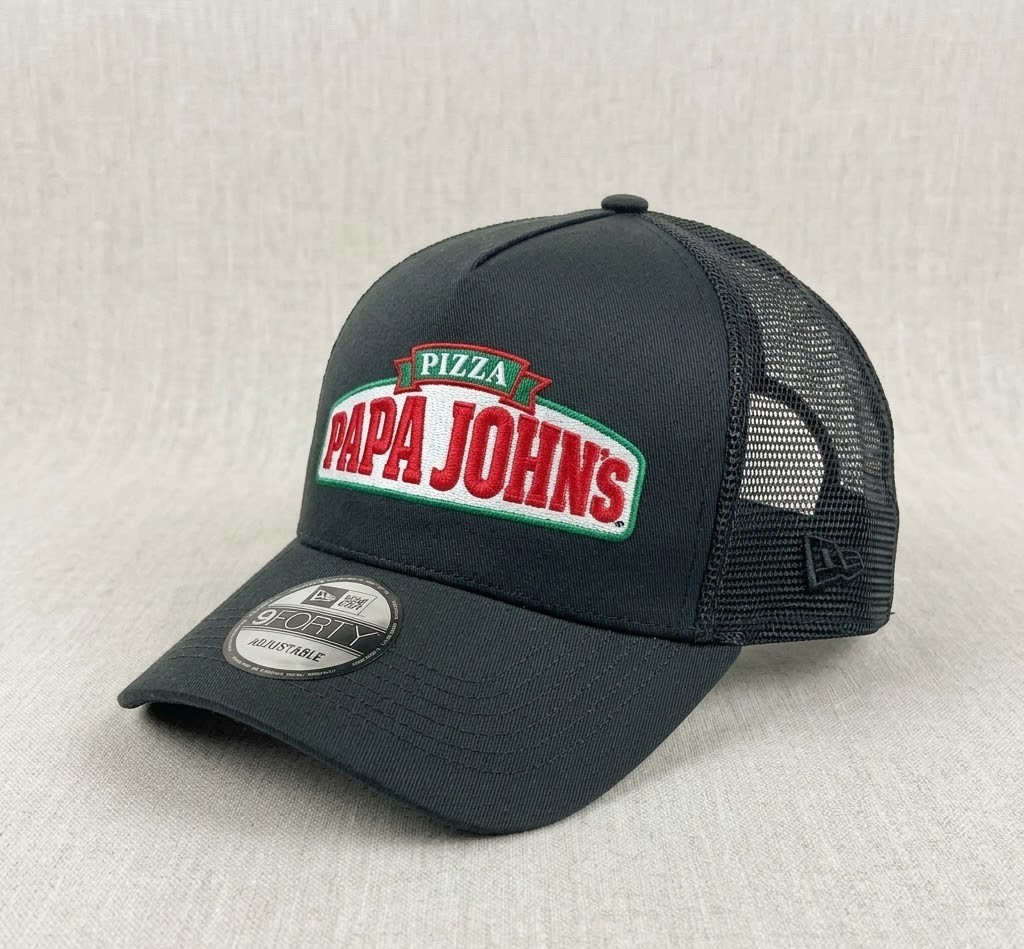 Papa Johns Pizza Logo Embroidered Trucker Hat Black Mesh Back Adjustable Cap