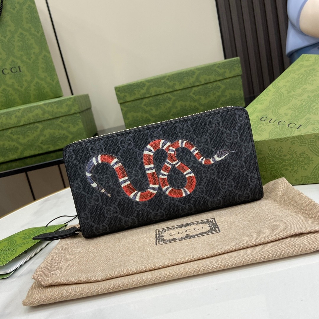 GG Black Supreme Canvas Kingsnake Zip Around Long Wallet 19*10*2.5
