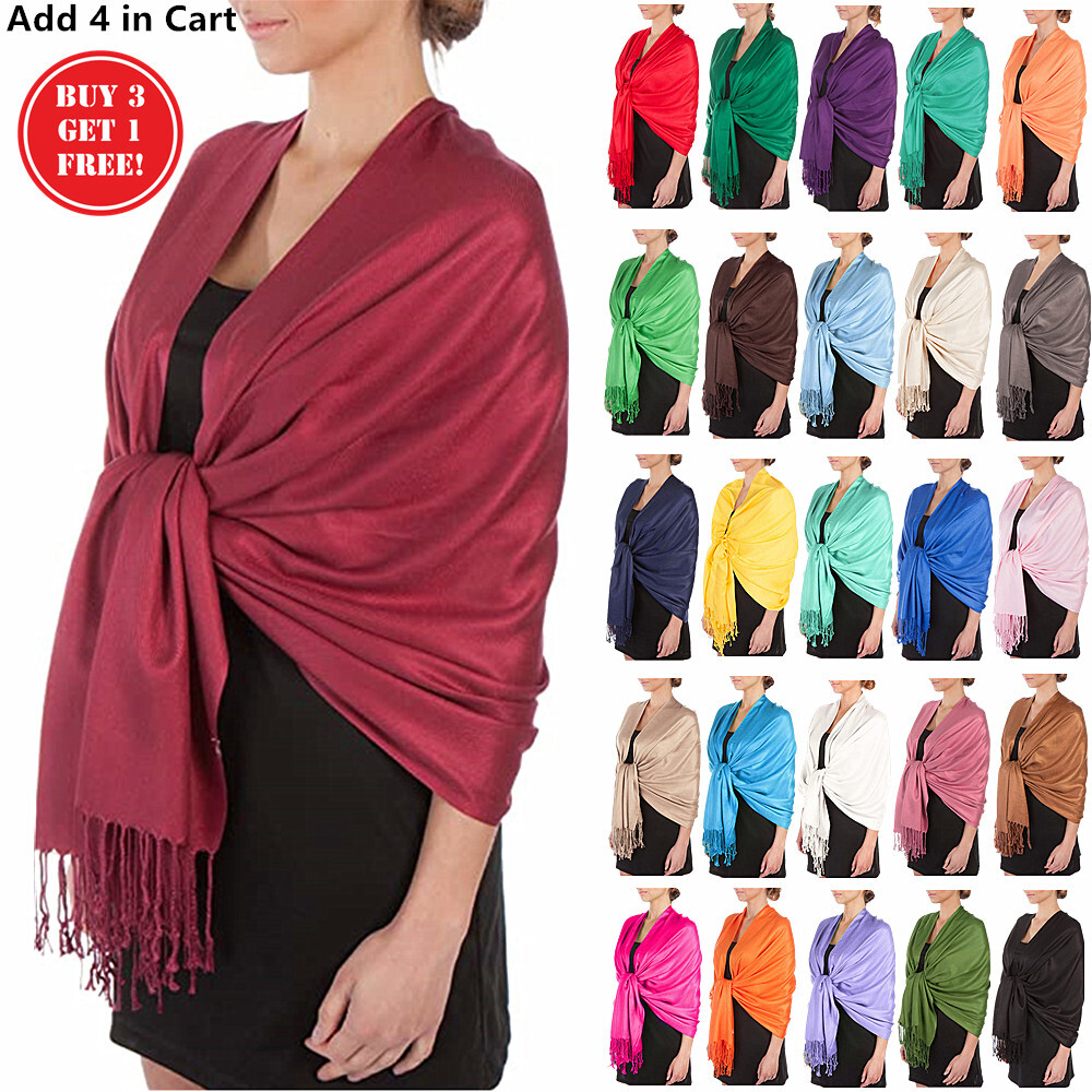 2PLY 78X28 Pashmina Solid Silk Shawl Wrap Cashmere Wool Feel Silky Stole Scarf