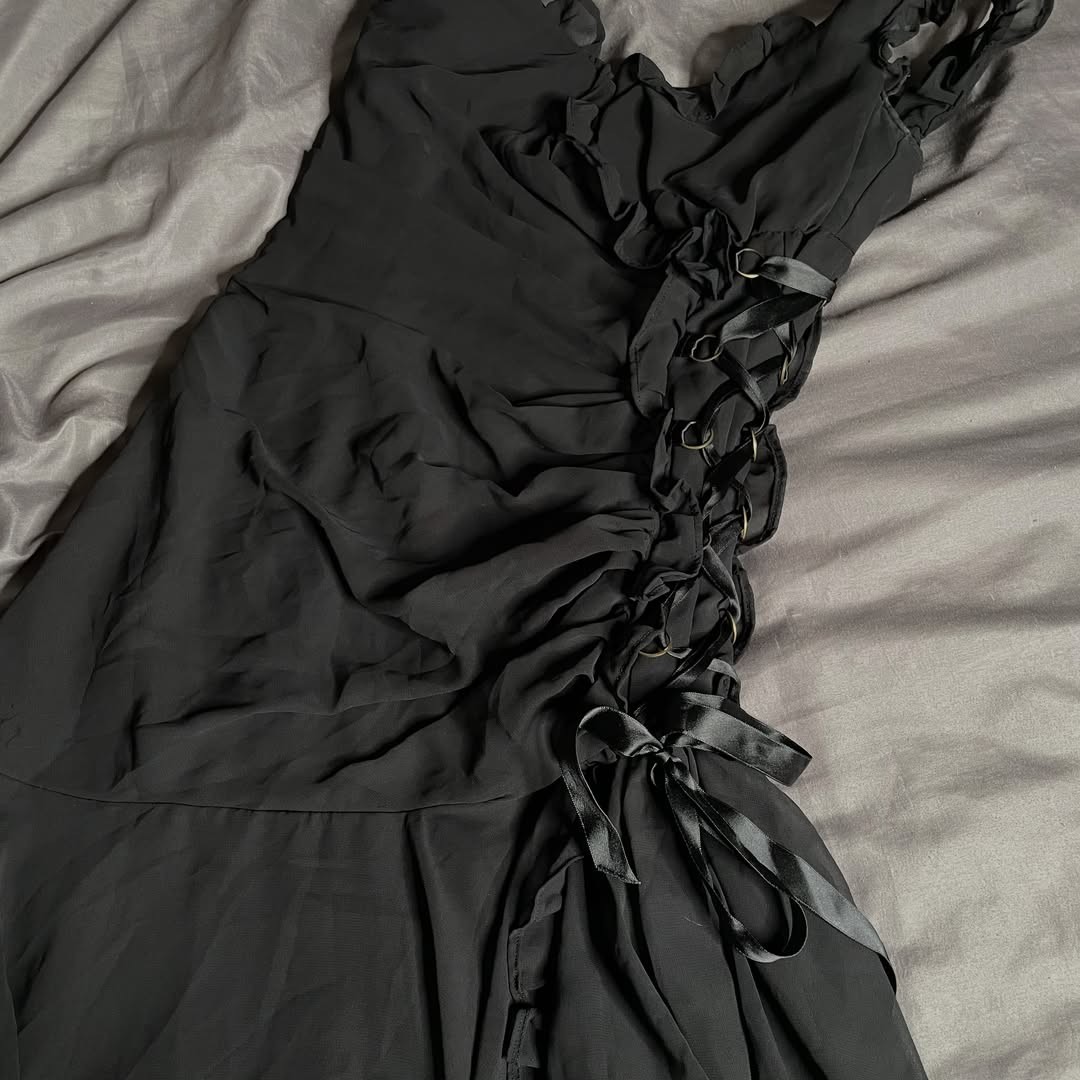 Vintage Whimsigoth Black Midi Dress Side Lace Up Corset Ribbon Ruffle Hem XXS XS
