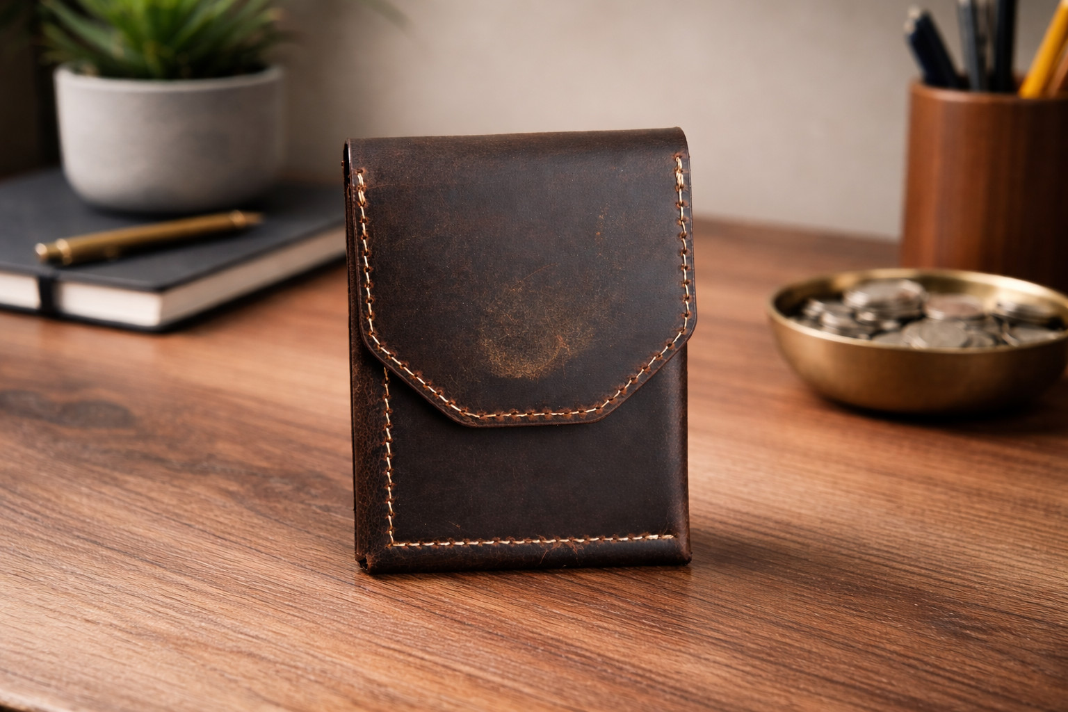Leather Cash Wallet for Men, Slim Front Pocket Card Holder, Handmade Minimalist