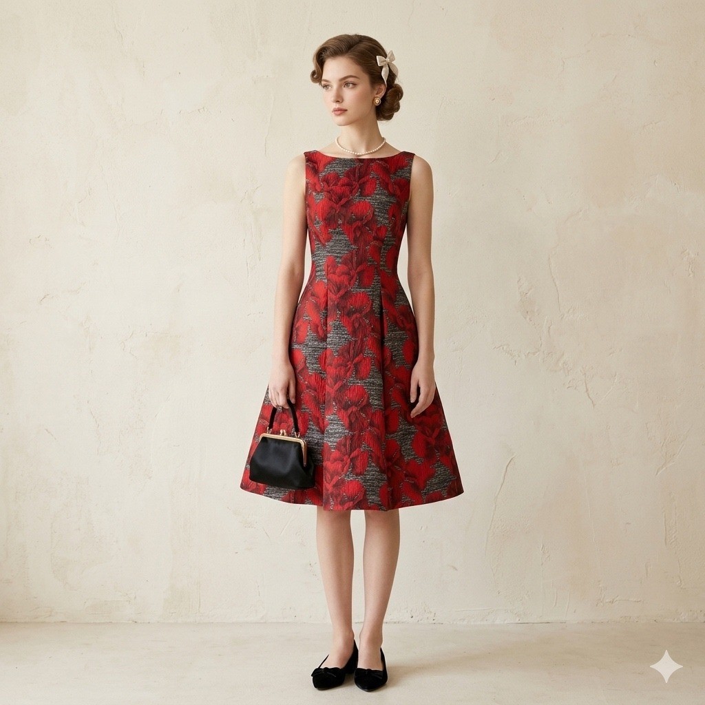 Adrianna Papell Floral Jacquard Fit & Flare Dress Red Black V-Back Old Money 4
