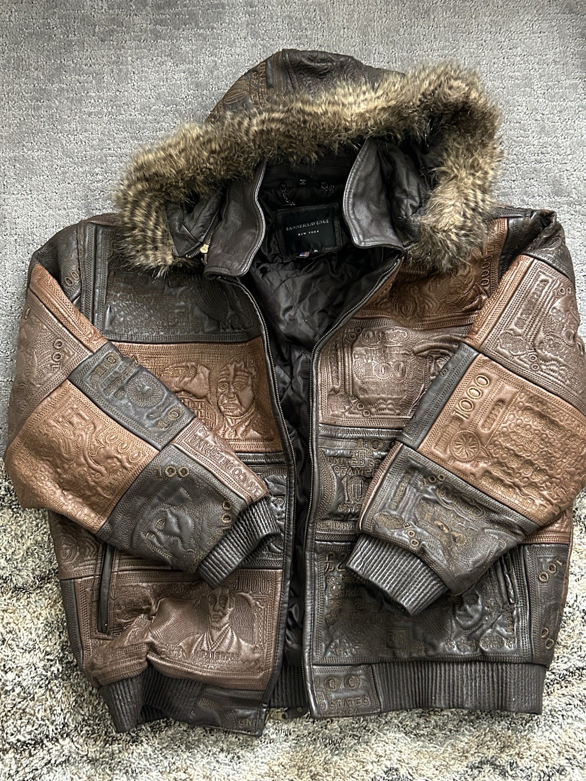 Tanners Avenue Men’s Patchwork Leather Bomber Jacket Hooded Full Zip XL Brown