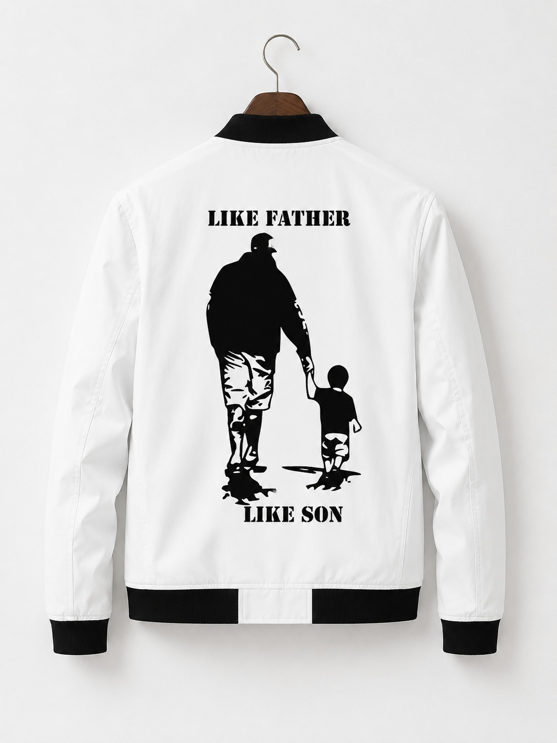 Men’s White “Like Father Like Son” Bomber Jacket DTF Print Cotton Poly XXS-5XL