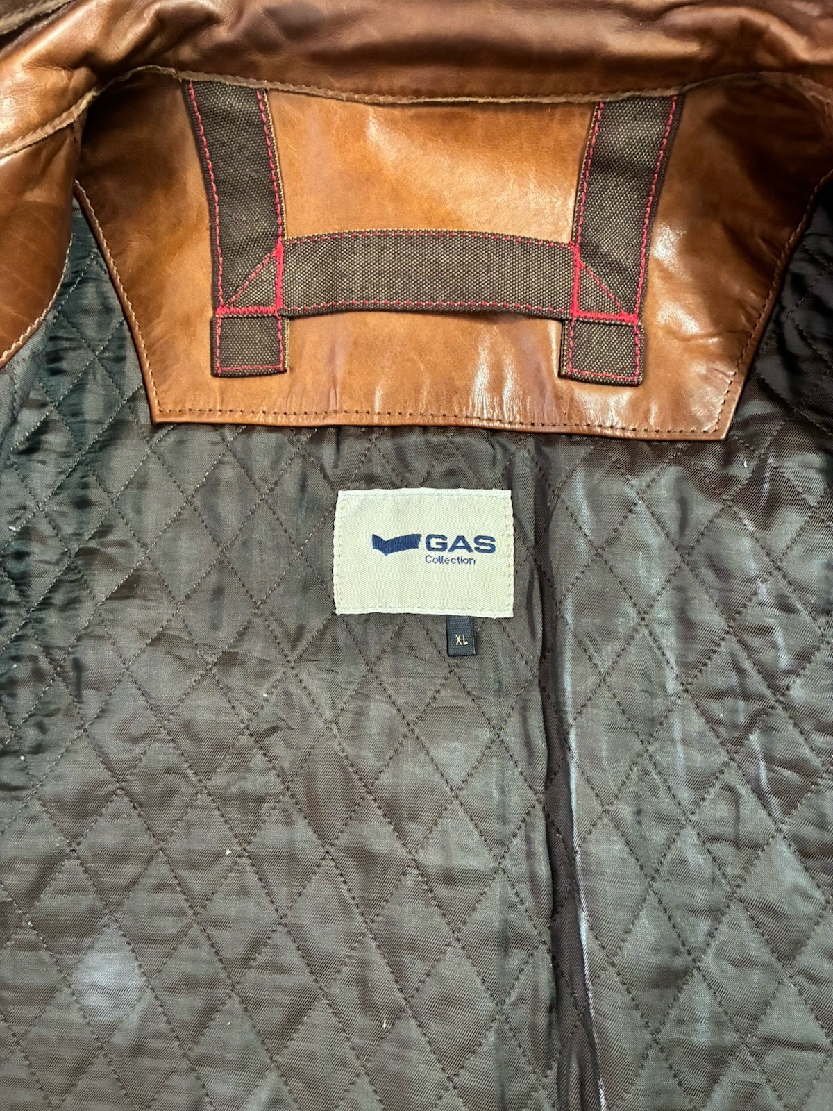 GAS Mens Brown Leather Biker Jacket XL Full Zip Button Band Collar