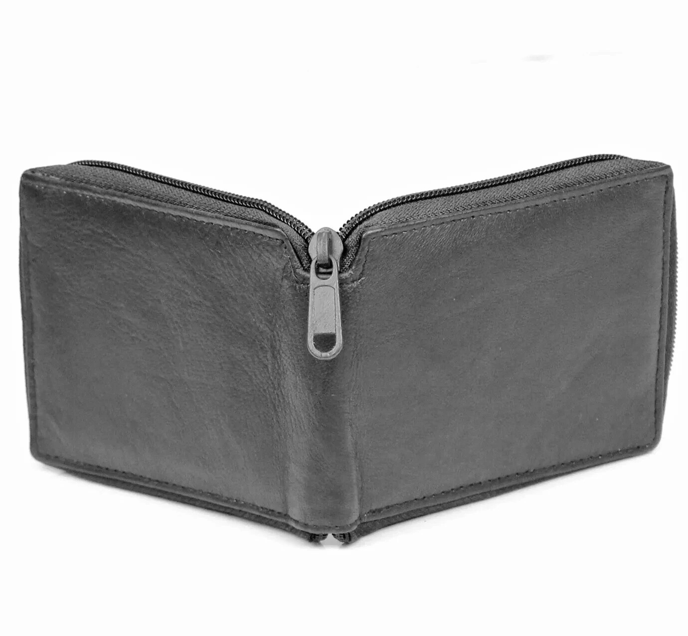 Mens Zip Around Bifold Wallet Genuine Leather Black Id Pocket Credit Card Window