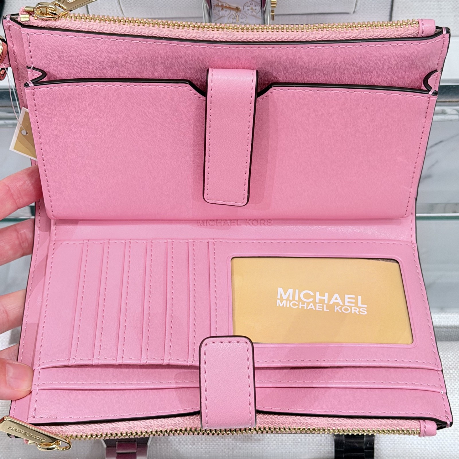 Michael Kors Jet Set Travel Double Zip Wristlet Wallet MK Logo Ombre Carnation