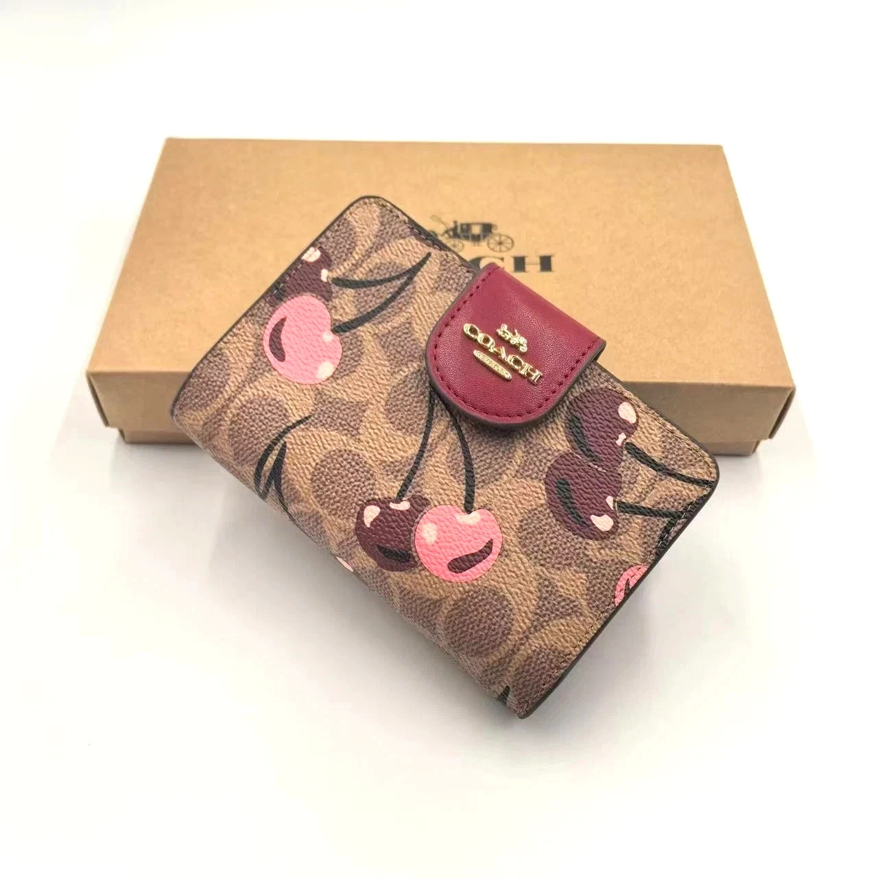Coach Med Corner Zip Wallet Clutch CZ342 Brown Signature Canvas Cherry Print!!