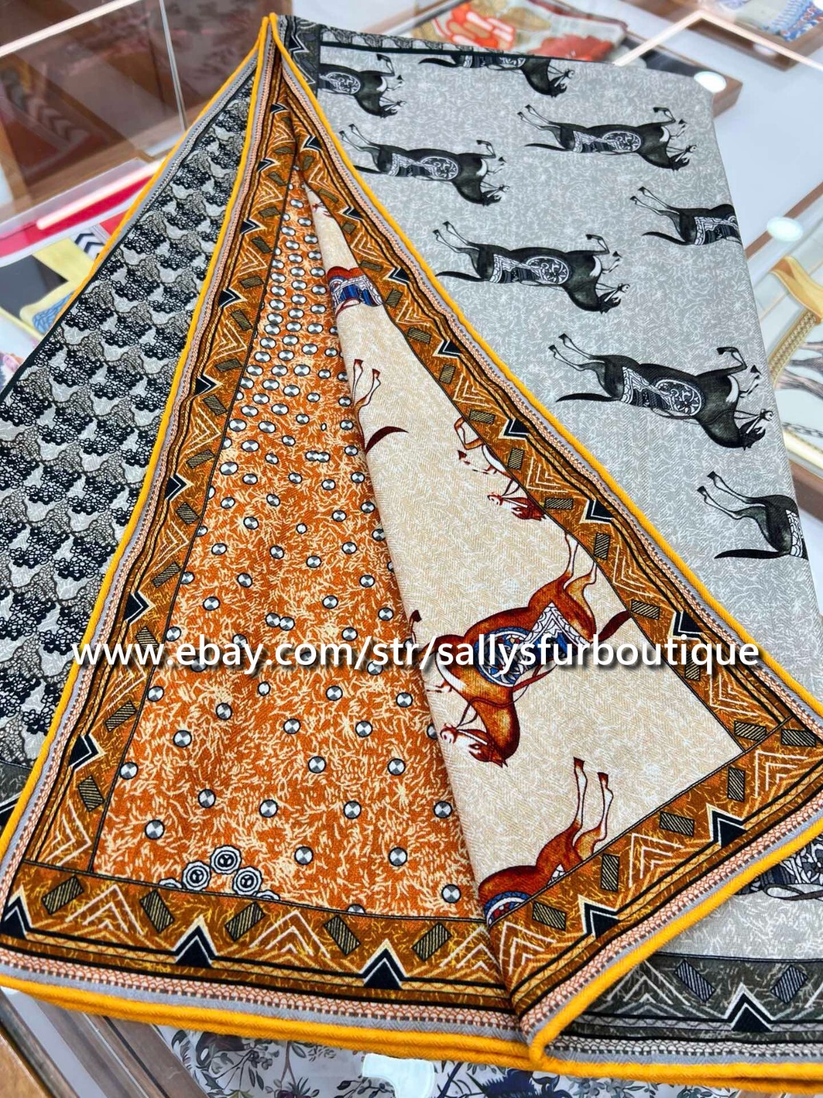 Sallys 70% Cashmere & 30% Silk Wrap Scarf Horses Print Double Face Shawl 53″