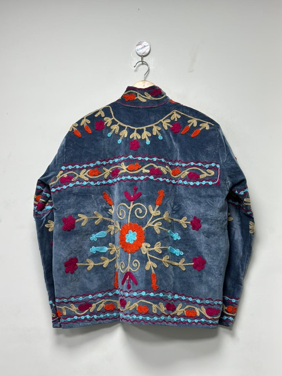 Blue Velvet Suzani Embroidered Jacket Floral Women Boho Festival Statement Coat