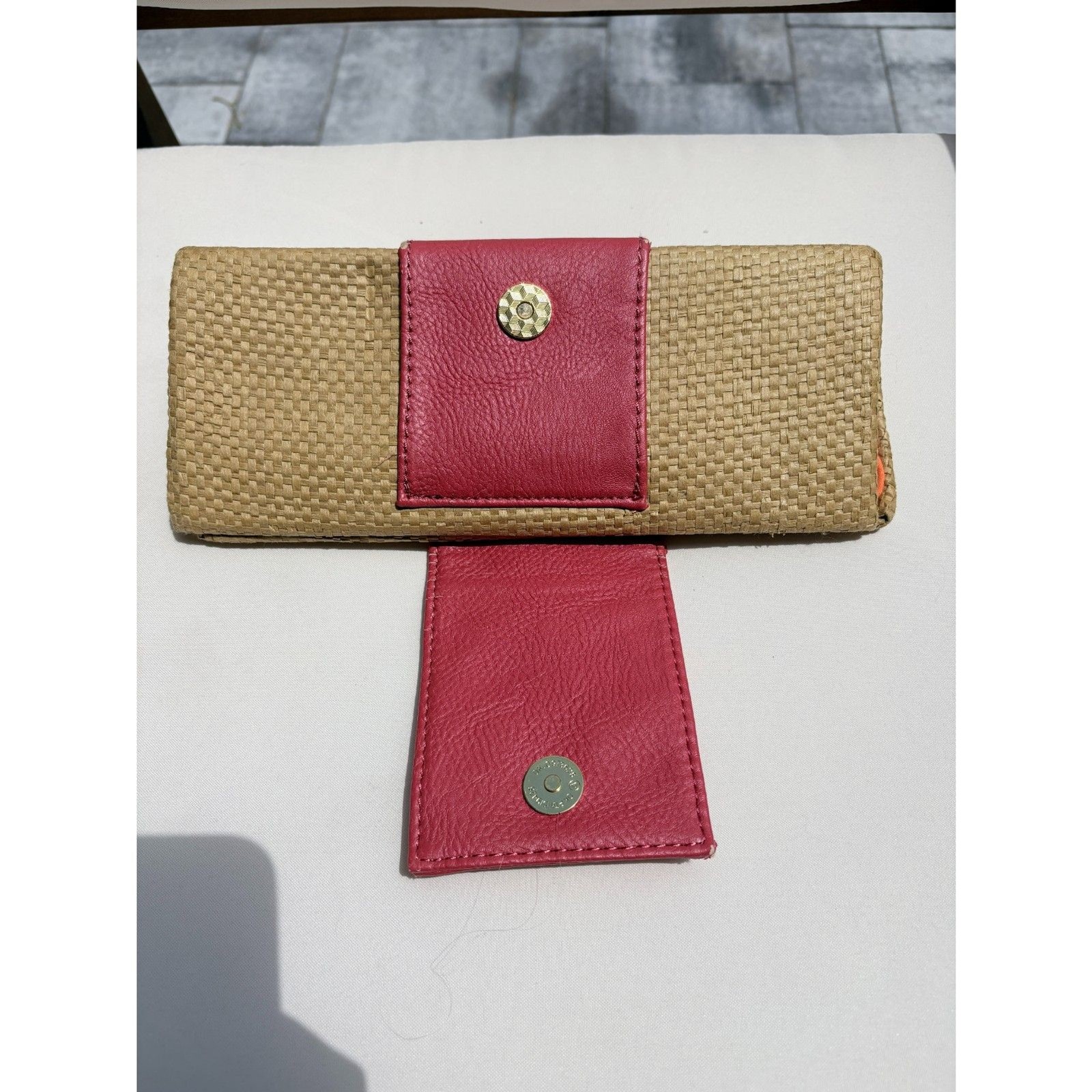 Mud Pie Woven Straw Clutch Wallet Pink Faux Leather Sand Dollar Accent