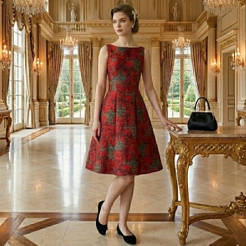Adrianna Papell Floral Jacquard Fit & Flare Dress Red Black V-Back Old Money 4