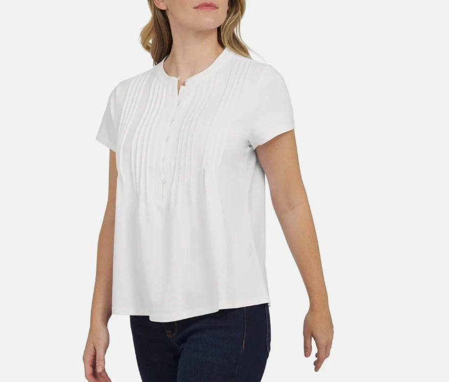 Lands End Women’s Short Sleeve Pintuck Blouse, White Medium
