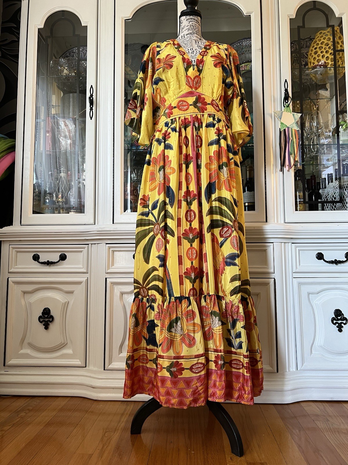 FARM Rio For Anthropologie Yellow Tropical Print Satin Like Fabric Maxi Dress M