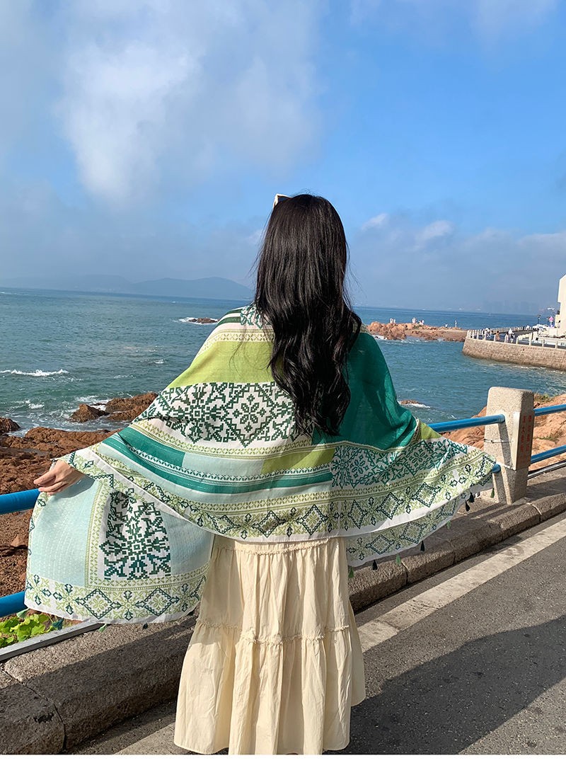 Green Ethnic Scarf Shawl Wrap Cotton Linen Lightweight Cover for Summer Beach