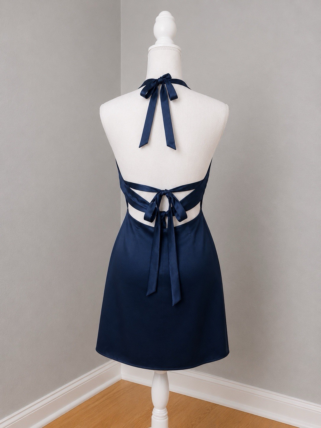 #9 – 8A. Navy Halter style pleated front bodice satin slip dress-Size 0 (XS);