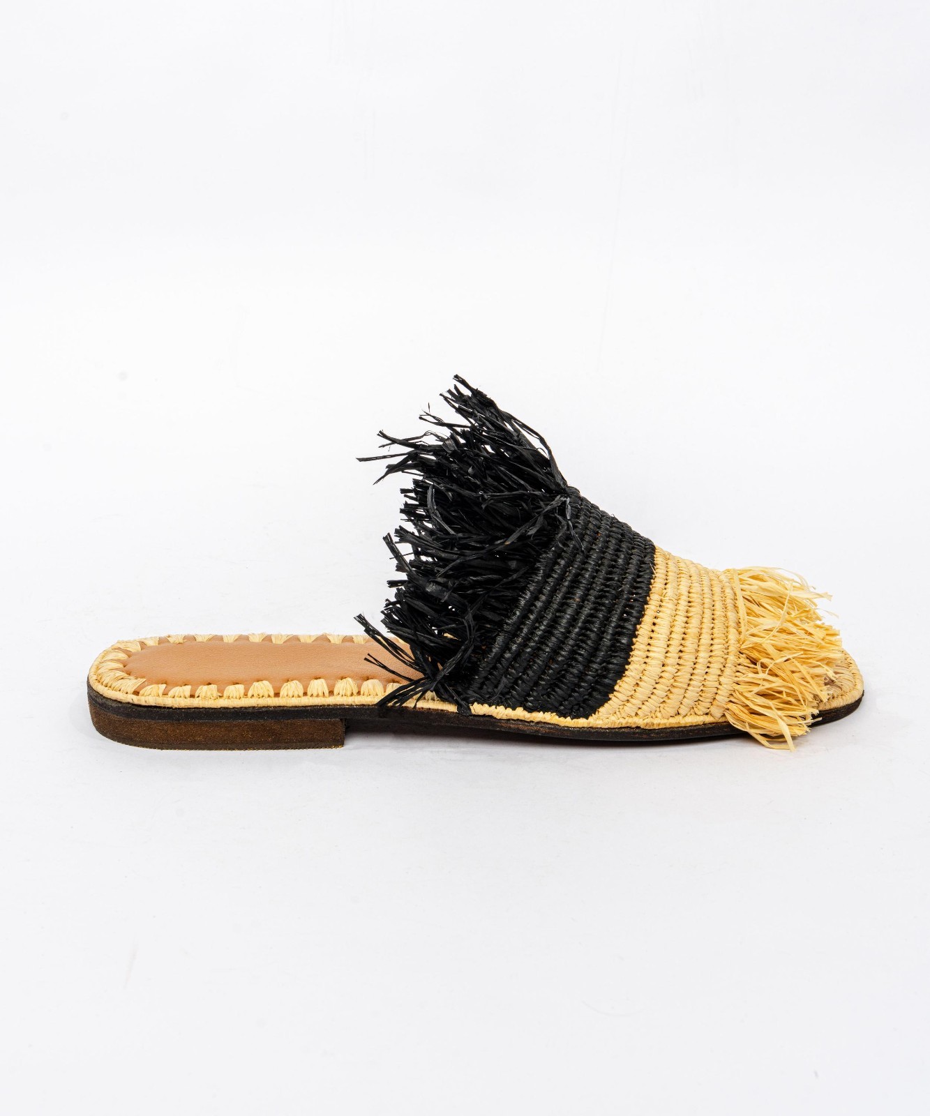 Handmade Moroccan Raffia Slide Sandals Women’s Fringe Natural Black Leather Sole