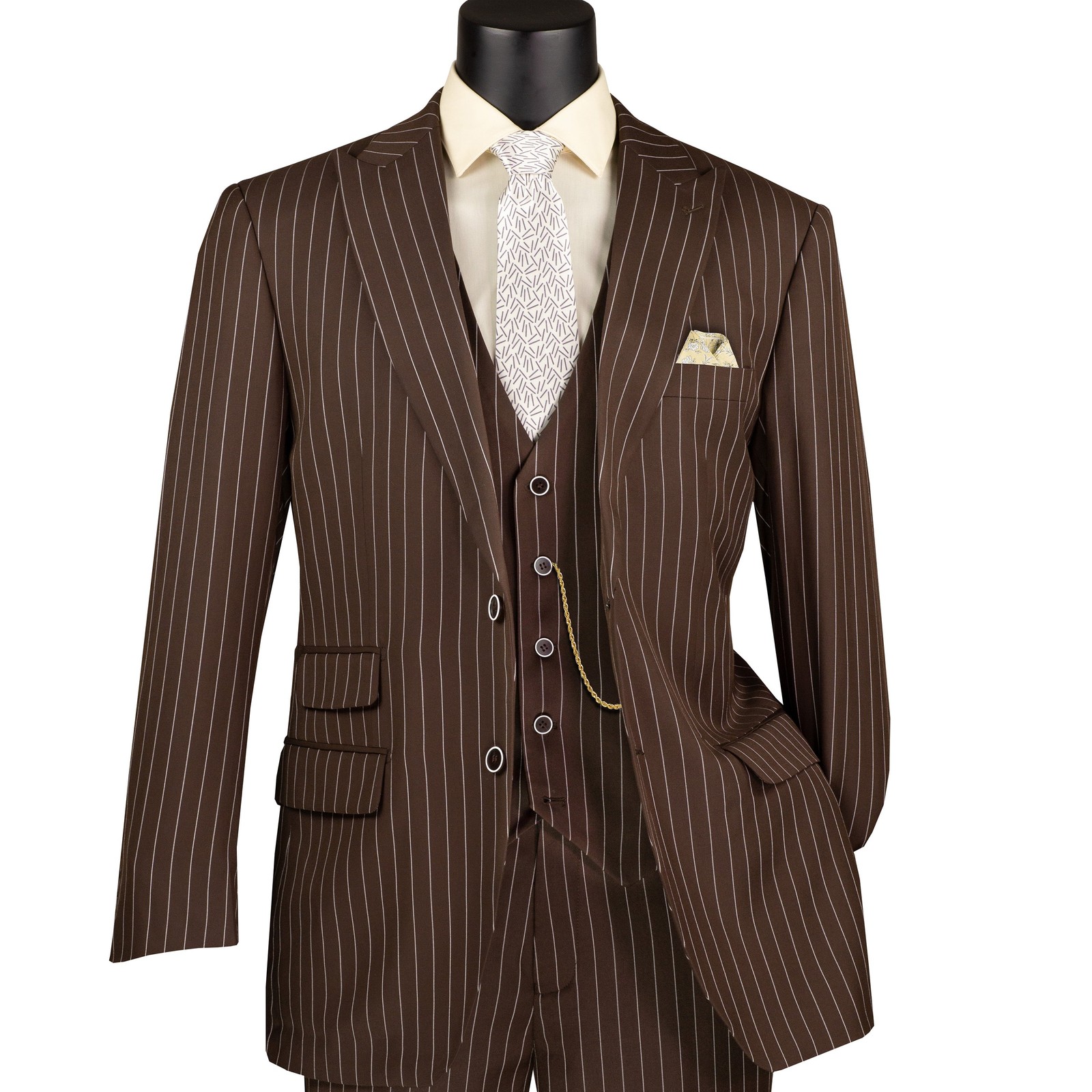 VINCI Men’s Brown Striped 3 Piece Regular Fit Suit w/ Flex Waist – NEW