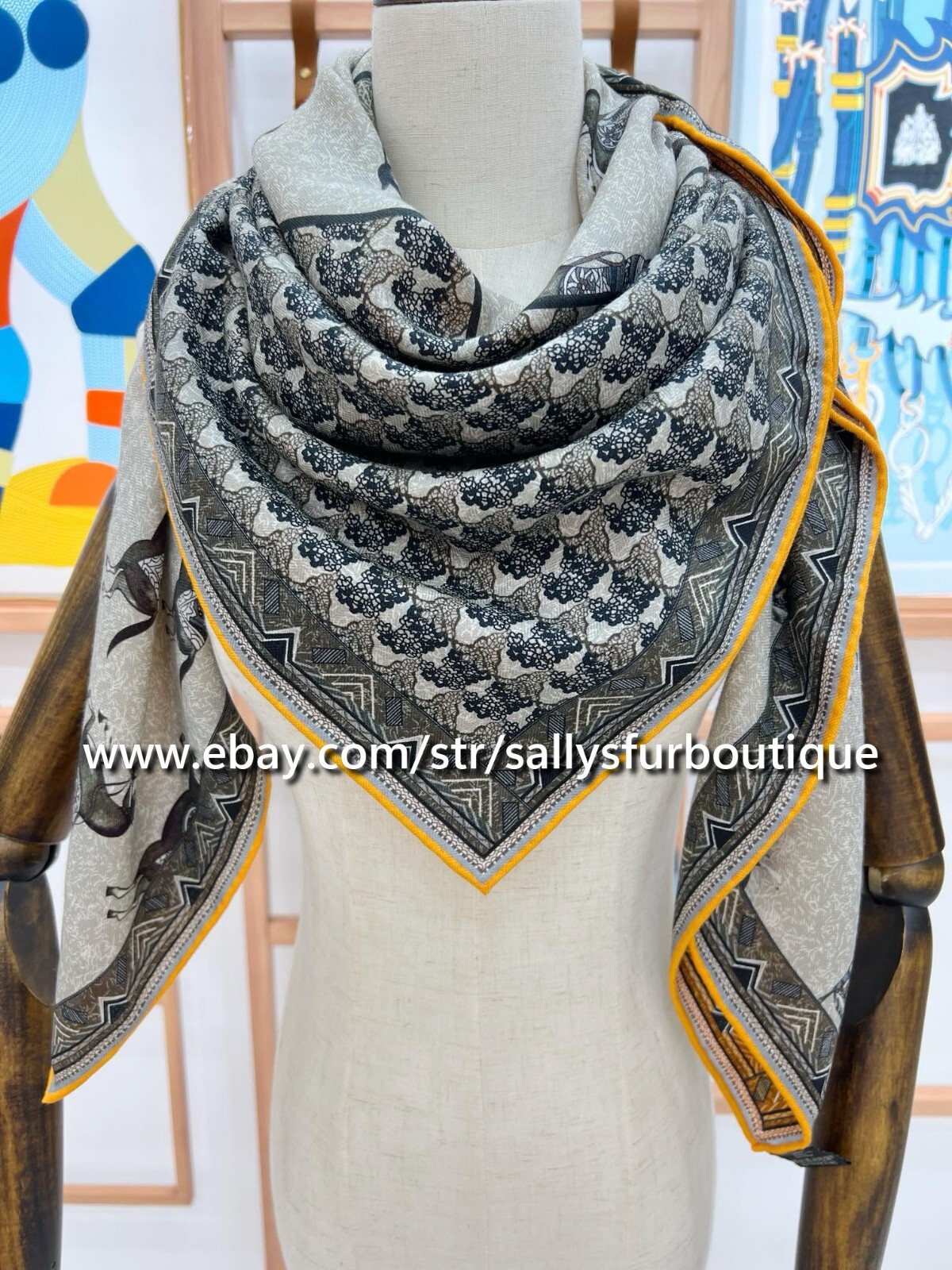 Sallys 70% Cashmere & 30% Silk Wrap Scarf Horses Print Double Face Shawl 53″