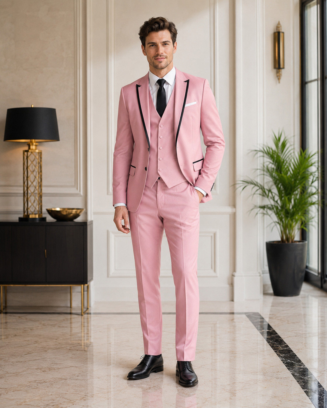 Mens Pink 3 Piece Suit Black Trim Blazer Vest Pants Wedding Prom Formal Tuxedo