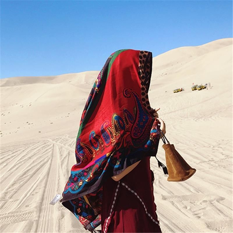 Boho Red Cotton Linen Scarf Shawl Wrap Lightweight Cover for Summer Travel Sun
