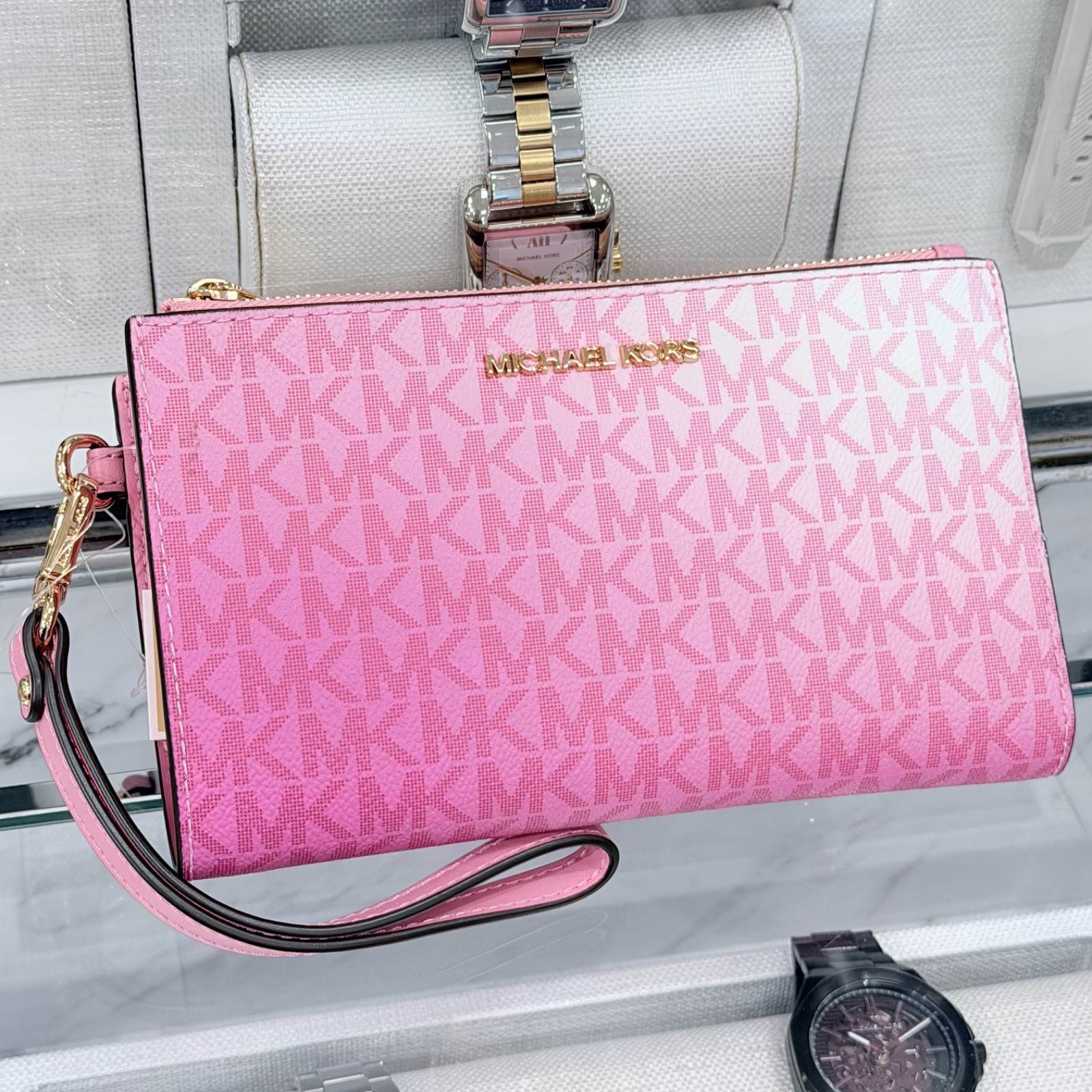 Michael Kors Jet Set Travel Double Zip Wristlet Wallet MK Logo Ombre Carnation