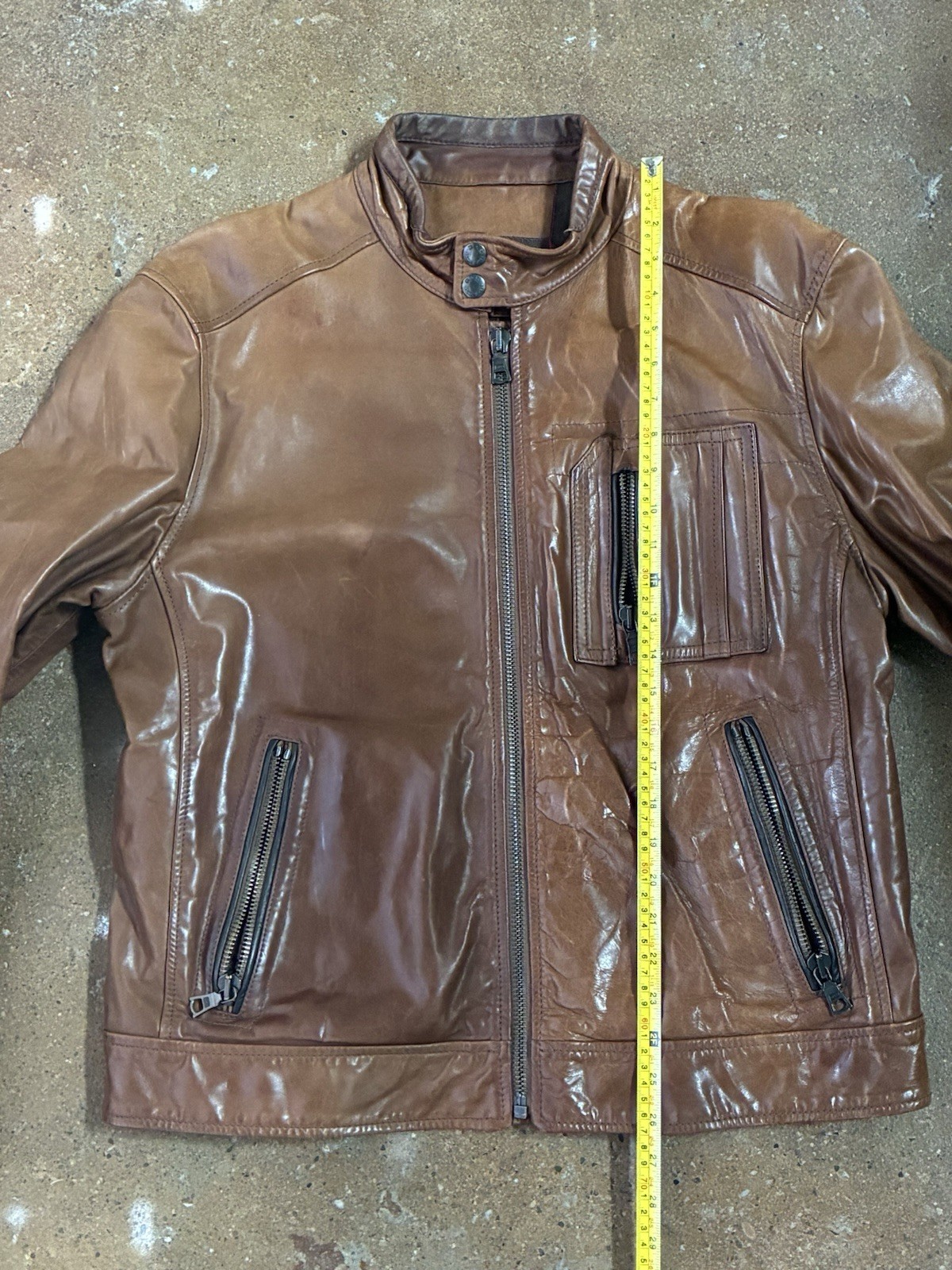 GAS Mens Brown Leather Biker Jacket XL Full Zip Button Band Collar