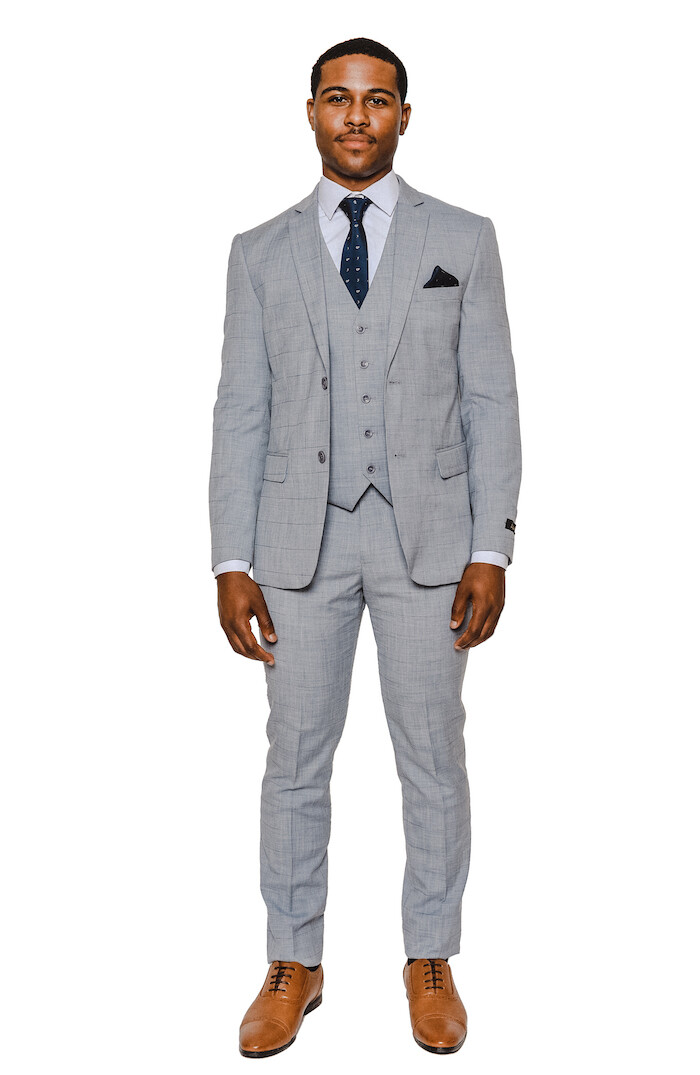 Slim Fit SILVER 3 Piece Vested 2 Button Windowpane Notch Lapel By AZARMAN 16308