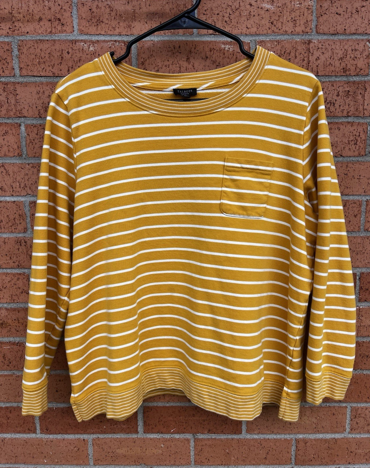 Talbots Petite 1X Yellow/White Striped 100% Cotton Crewneck Knit Sweater