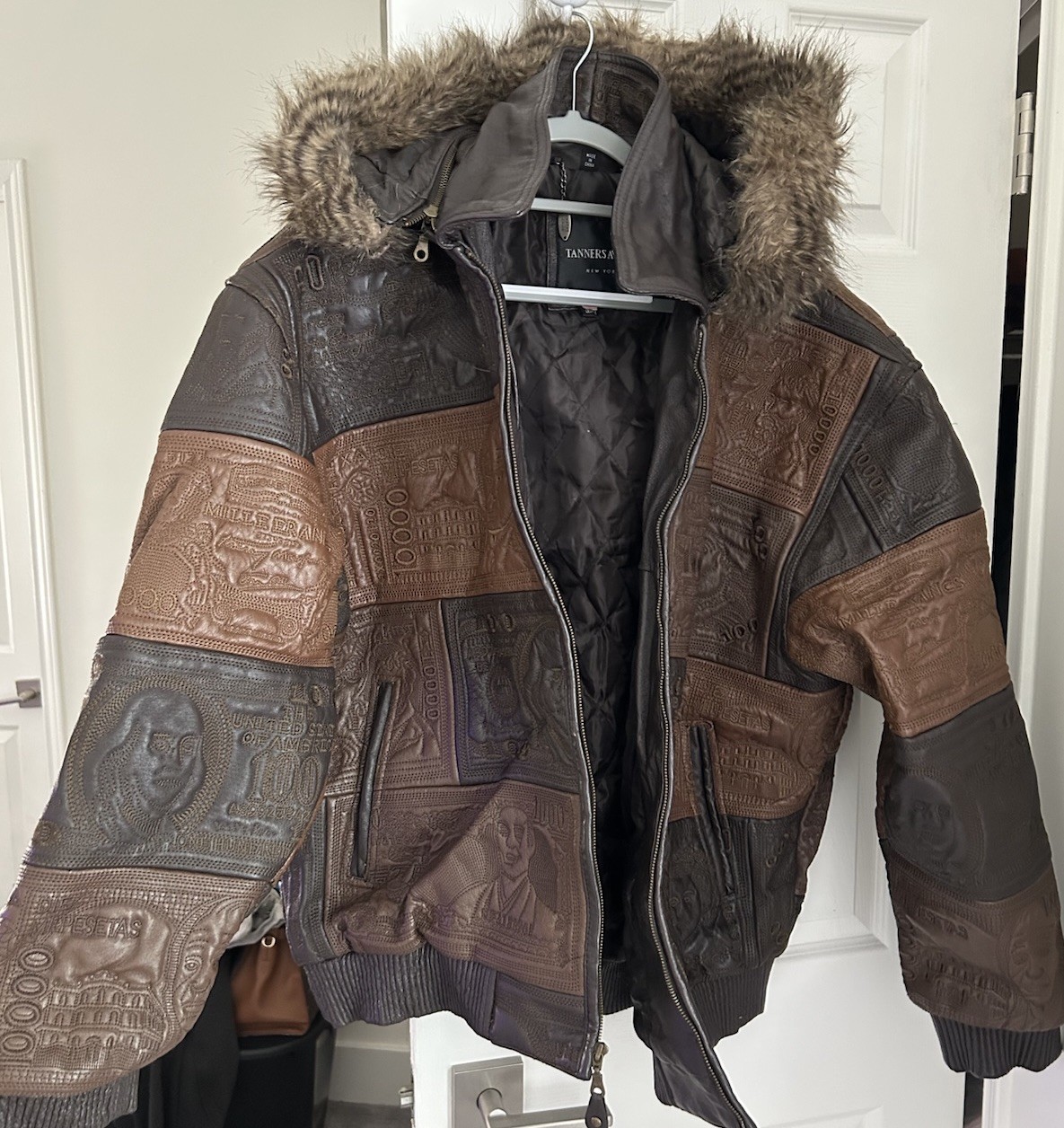 Tanners Avenue Men’s Patchwork Leather Bomber Jacket Hooded Full Zip XL Brown