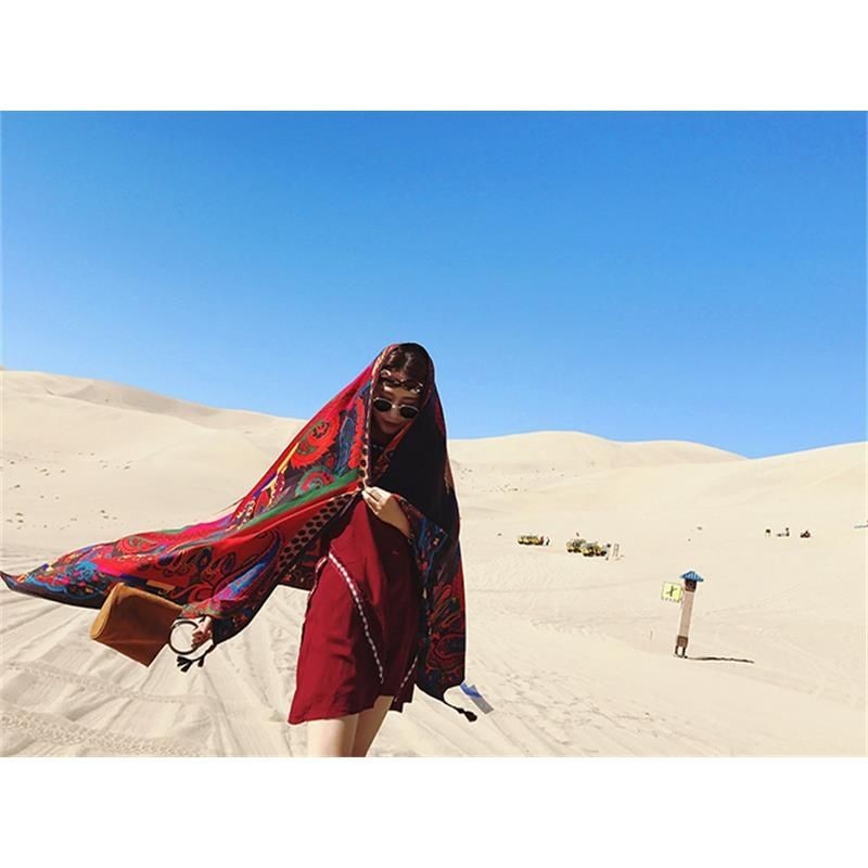 Boho Red Cotton Linen Scarf Shawl Wrap Lightweight Cover for Summer Travel Sun