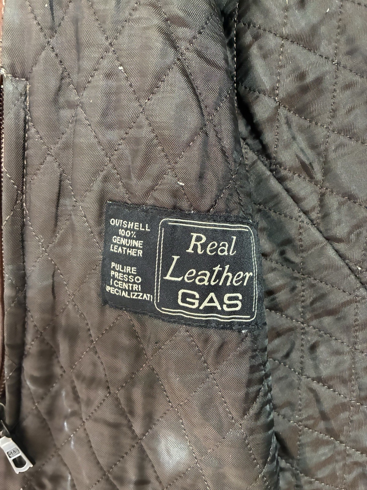 GAS Mens Brown Leather Biker Jacket XL Full Zip Button Band Collar