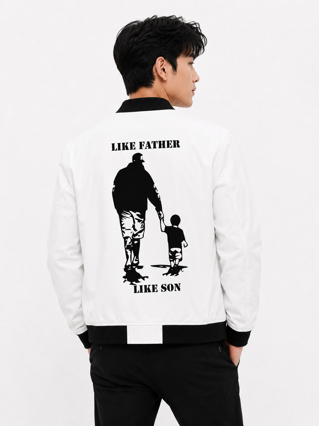 Men’s White “Like Father Like Son” Bomber Jacket DTF Print Cotton Poly XXS-5XL