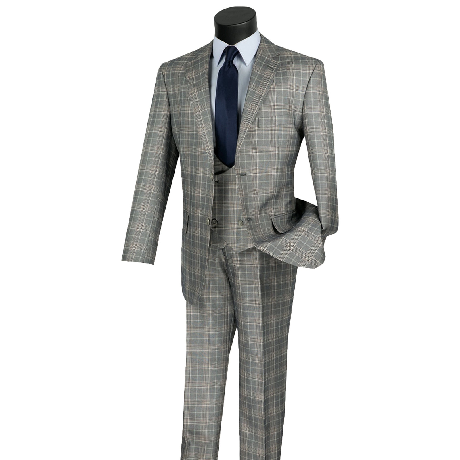 VINCI Men’s Gray Sharkskin Glen Plaid 3 Piece Suit, Reg Fit – NEW