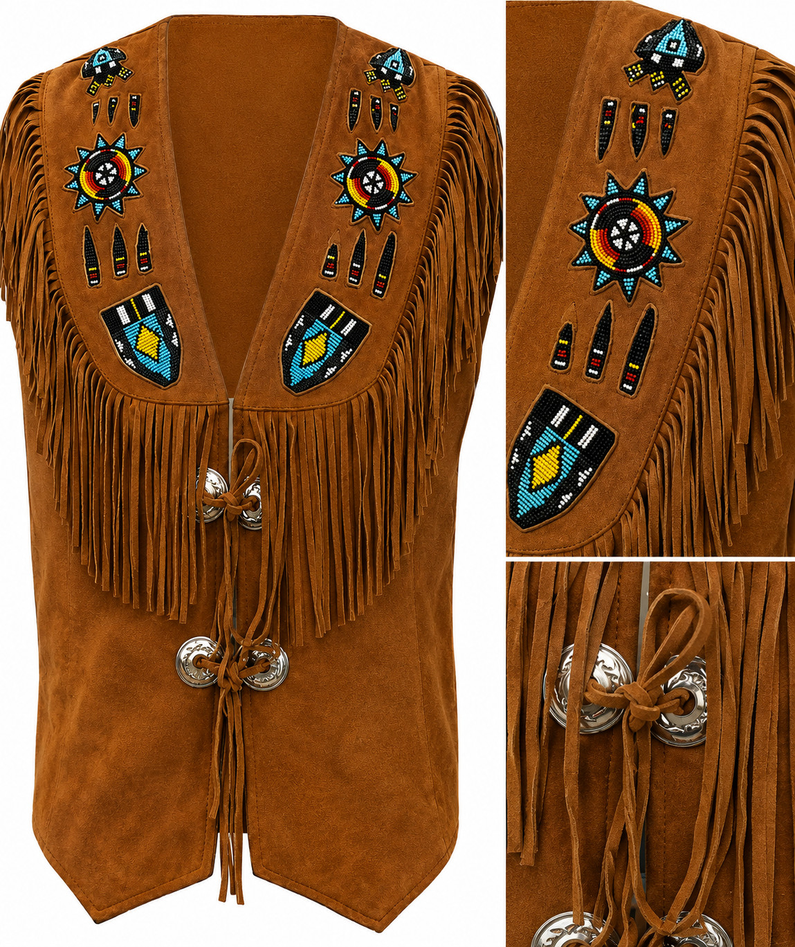Men’s Western Cowboy Suede Leather Vest Native American Fringe Beaded Waistcoat