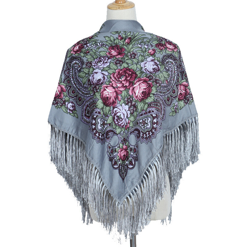Ethnic Style Shawl Print Square Scarf Cotton Scarf Retro Tassel Shawl Women