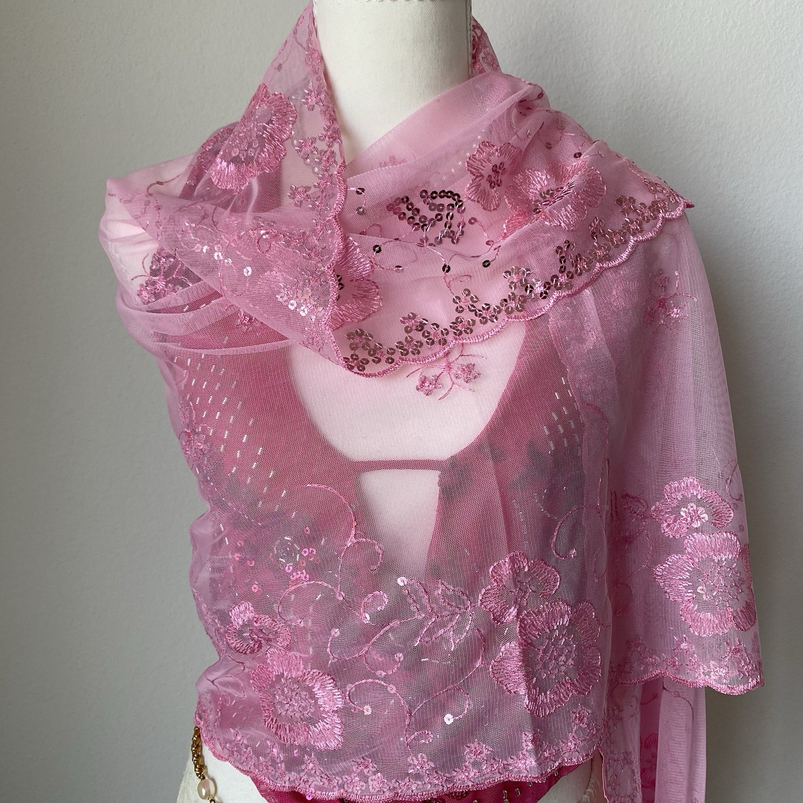Pink Mesh Sheer Shawl Wrap Floral Embroidered Sequin Women’s Embellished Scarf