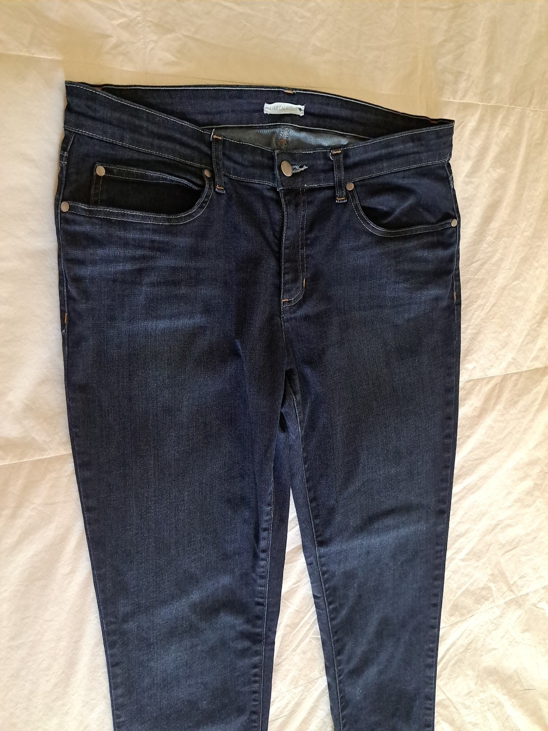 Eileen Fisher Blue Jeans Sz 12 EUC 5 Pkt Tapered Returns Accepted 34×31